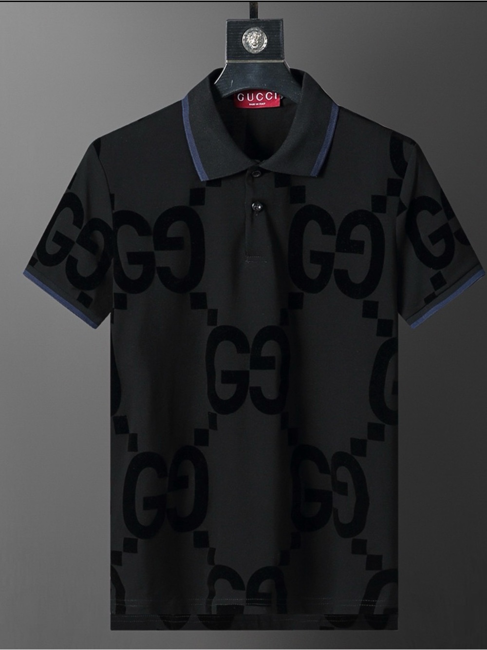 Gucci Black Polo with Tonal GG Jacquard and Navy Trim